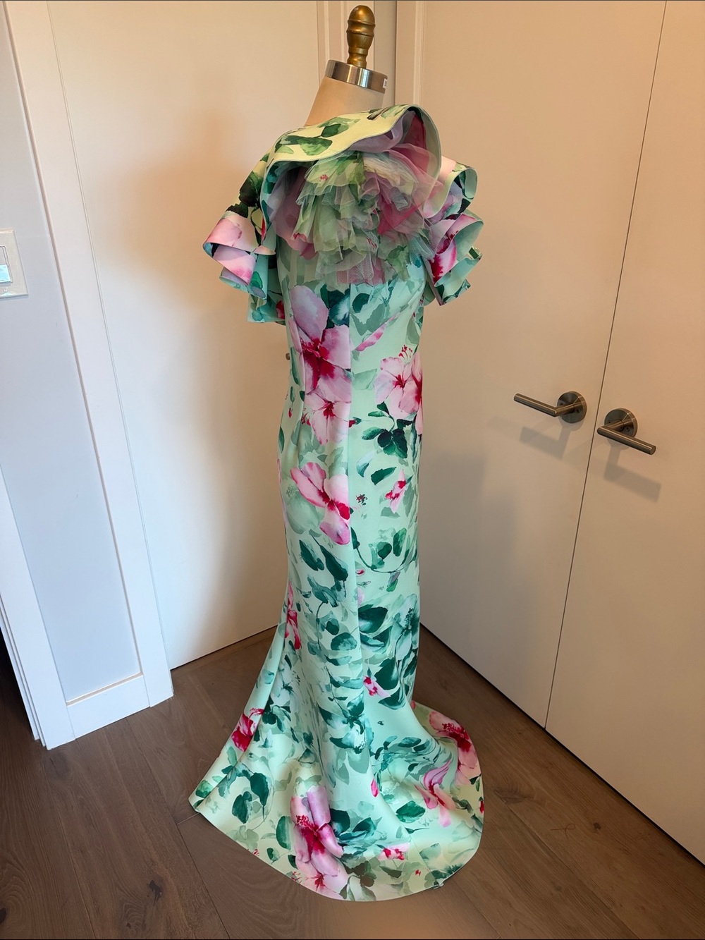Badgley Mischka Mint Floral One-Shoulder Ruffle Gown - Picture 4 of 5